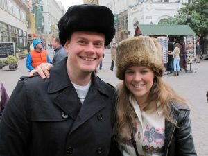 Trying hats on in the Christmas markets in Hungary